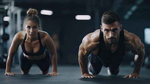 Junges Paar trainiert im Fitnessstudio. Attraktive Frau und gutaussehender, muskulöser Mann trainieren im Licht