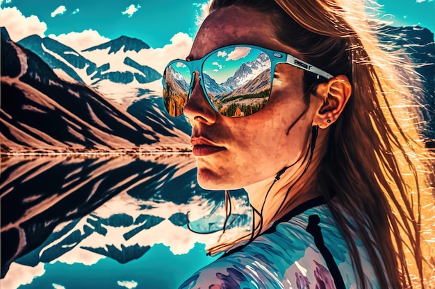 Junges Radfahrerporträt mit Sonnenbrille mit wundersamer Spiegelung des Berges