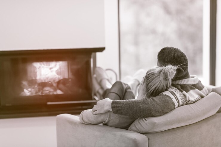 Foto junges romantisches paar sitzt zu hause auf dem sofa vor dem kamin, schaut sich an, redet und trinkt kaffee an einem herbsttag
