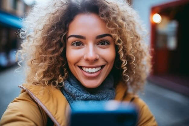 Junges, schönes, lächelndes, glückliches Mädchen macht ein Selfie.