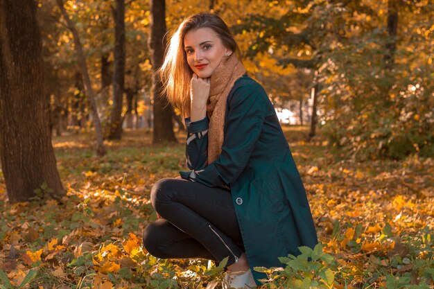 Junges schönes Mädchen sitzt in den Blättern im Herbstpark und hält eine Hand in der Nähe des Gesichts