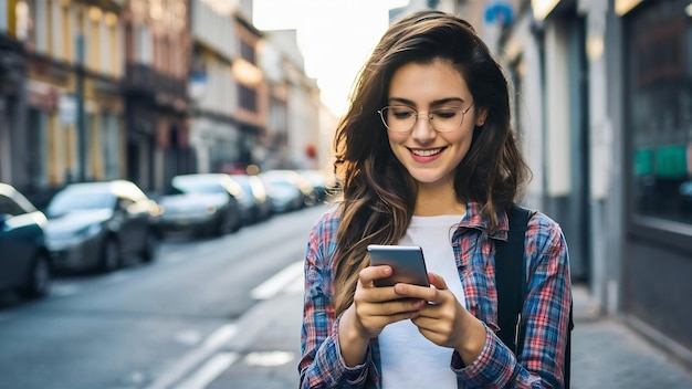 Junges, schönes Mädchen surft auf der Straße mit einem Smartphone im Internet