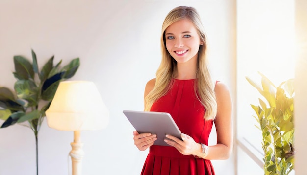 junges schönes weißes blondes Geschäftsmädchen mit grünen Augen und einem roten schulterlosen Kleid