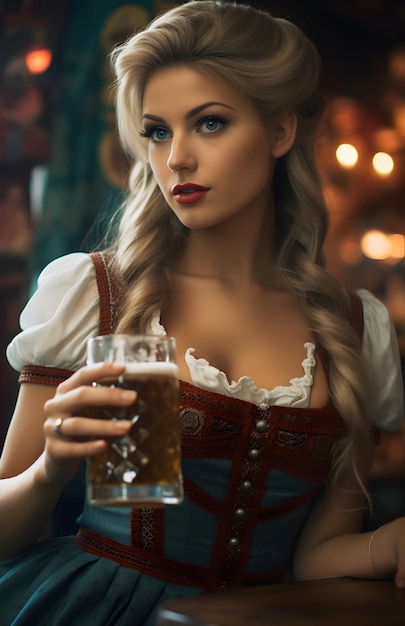 Junges skandinavisches Model mit Bier in der Hand beim Oktoberfest