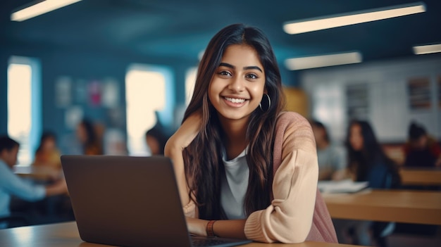 Junges Studentenmädchen schaut glücklich auf ihren Laptop mit weißem verschwommenem Hintergrund