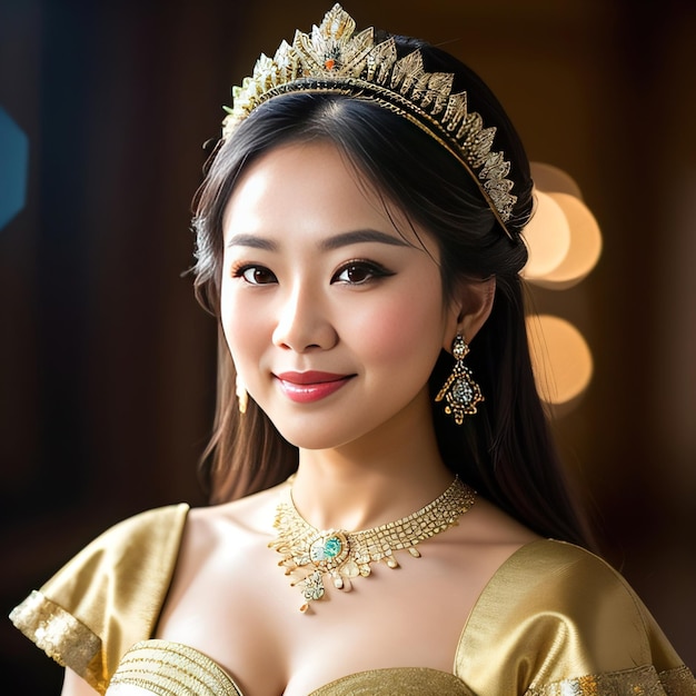 Junges süßes asiatisches Mädchen mit goldener Krone