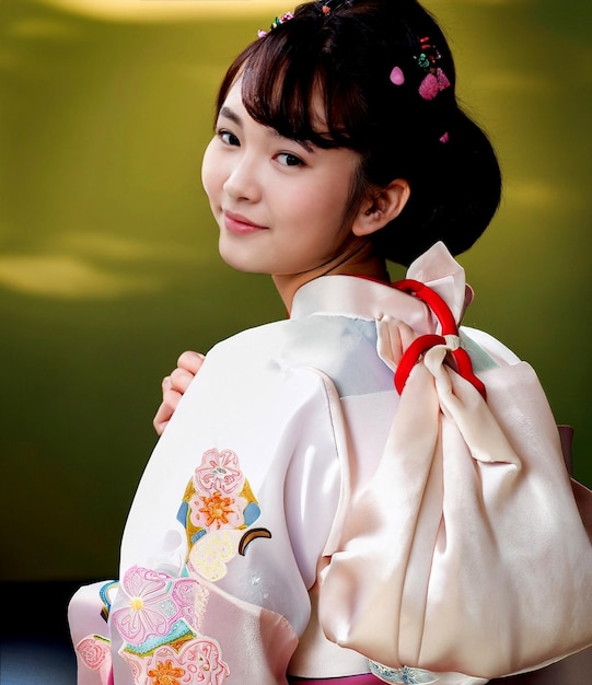 Junges, süßes, lächelndes asiatisches Mädchen, das sich im traditionellen Hanbok kleidet