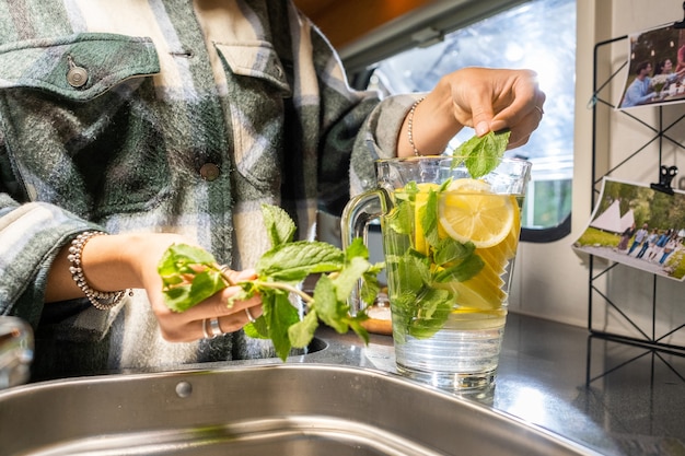 Junges Weibchen, das frische Minzblätter in Krug mit Limonade setzt