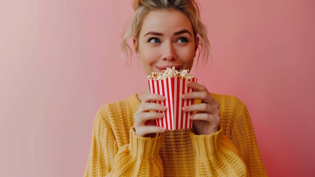 Junges Weibchen isst Popcorn als Snack und fühlt sich glücklich mit einem Lächeln