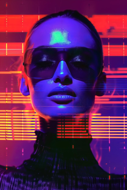 Foto junges weibliches model in abstraktem neon farbenfrohen roten lila glitch art digitaler ästhetik
