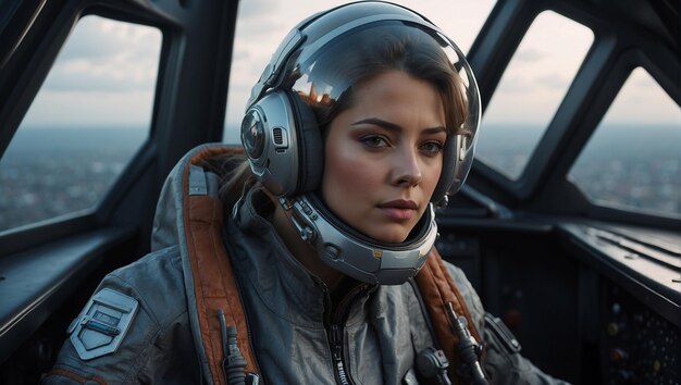Foto junges wunderschönes futuristisches pilotenmädchen in einem jet