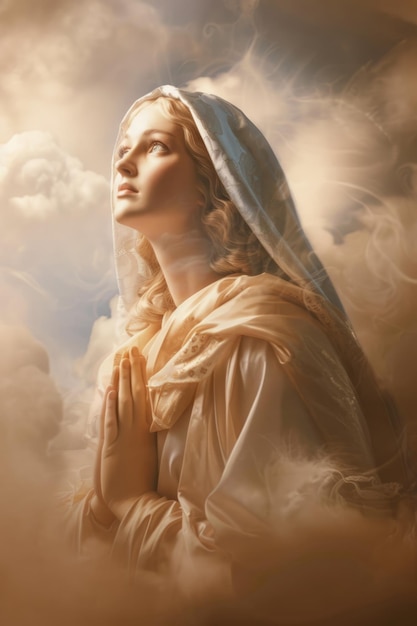 Jungfrau Maria, ein Symbol des Glaubens und der Hingabe, eine ikonische Figur im Christentum, die Reinheit, Gnade und göttliche Mutterschaft repräsentiert, verehrt von Gläubigen weltweit wegen ihrer heiligen Bedeutung.