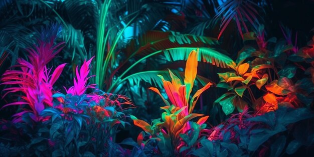 Una jungla colorida con una planta tropical y un fondo verde.