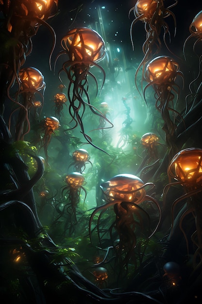Una jungla cósmica con criaturas alienígenas colgando de las vides brillantes foto realista