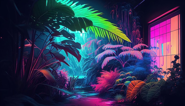 Jungla futurista en estilo neón cyberpunk de Generative AI