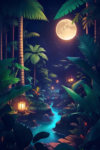 La jungla con luz de lunaFondo de pantalla de la junglaFondo de la jungla ai generado