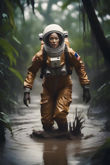 jungla pantano barro corriendo mujer astronauta complejo cinematografía enfoque agudo gen ai