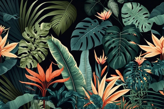 Una jungla tropical con hojas y flores tropicales.
