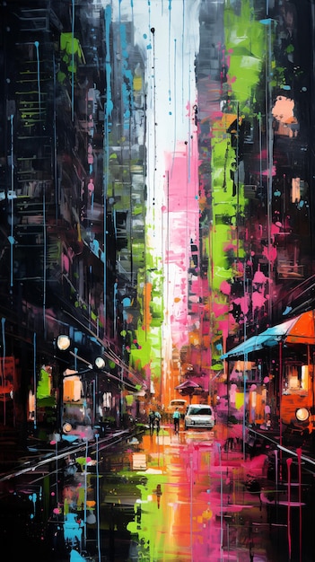 Jungla urbana cyberpunk de neón lluvioso con pintura de pinceladas