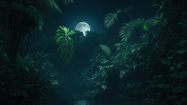 La jungla verde oscuro con luz de luna.