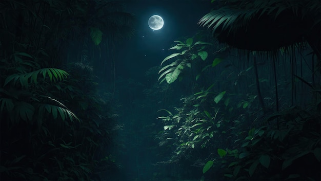 La jungla verde oscuro con luz de luna.