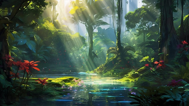 Jungle Oasis Uma pintura serena de um rio banhado pelo sol no coração dos trópicos Generative AI