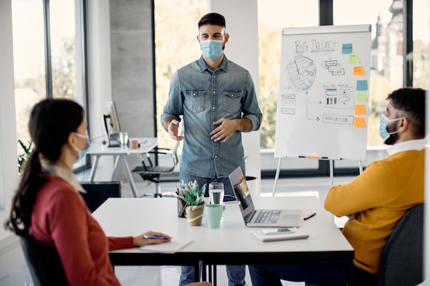 Jungunternehmer mit Gesichtsmaske, der Kollegen im Büro eine Geschäftspräsentation gibt