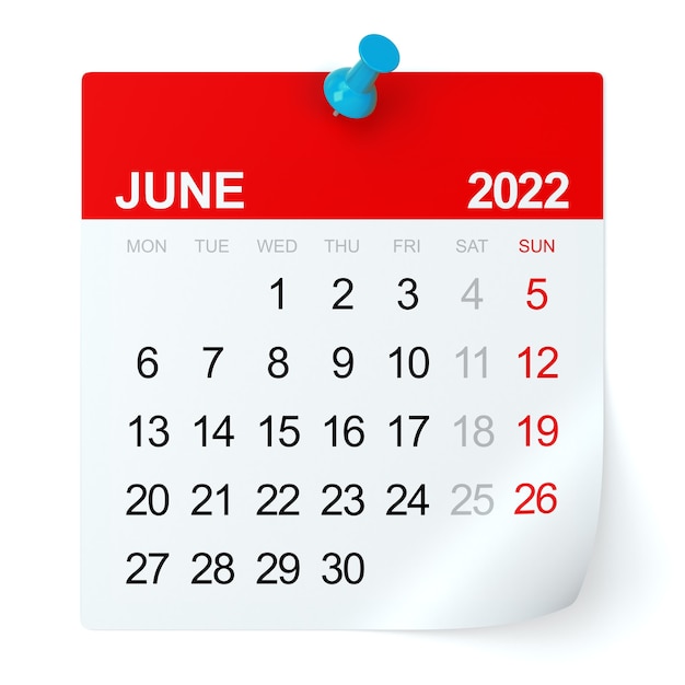 Juni 2022 - Kalender. Isoliert auf weißem Hintergrund. 3D-Illustration