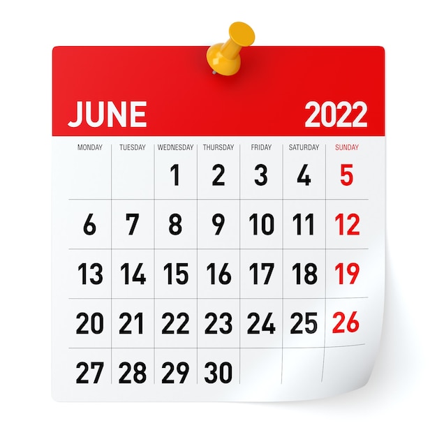 Junio de 2022 - calendario. Aislado sobre fondo blanco. Ilustración 3D
