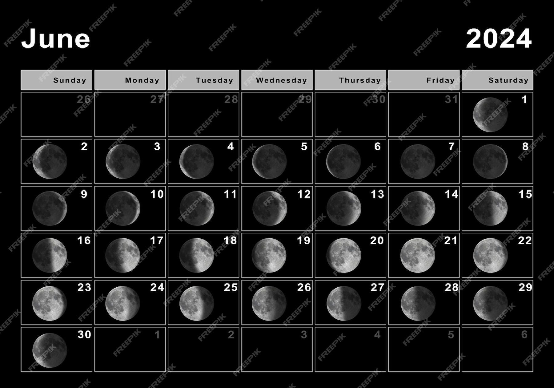 Junio 2024 calendario lunar, ciclos lunares, fases lunares Foto Premium