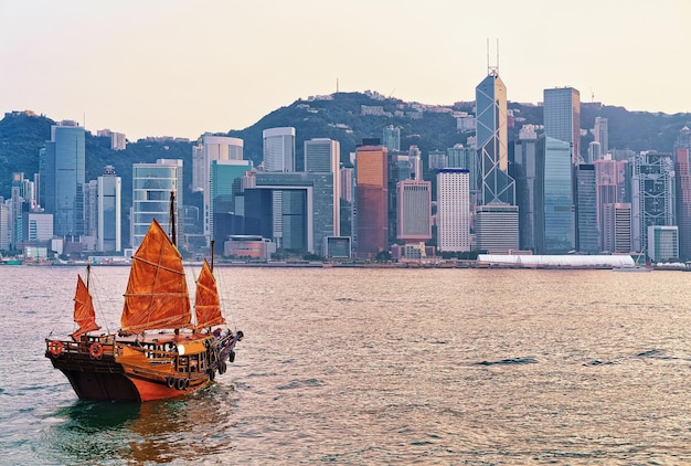 Junk-Boot im Victoria Harbour von Hongkong bei Sonnenuntergang. Blick von Kowloon auf HK Island.