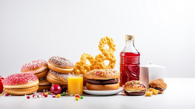 Foto junk food na mesa branca carboidratos rápidos não são bons