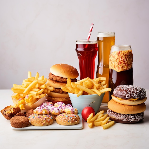 Foto junkfood auf dem weißen tisch schnelle kohlenhydrate nicht gut