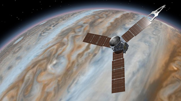 Juno é uma sonda espacial da NASA orbitando o planeta Júpiter Júpiter Planeta Girando no espaço sideral