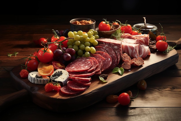 Foto una junta de charcutería es una colección de carnes quesos frutas y galletas