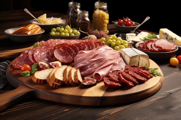 Foto en una junta de charcutería hay una variedad de carnes quesos frutas y galletas para elegir