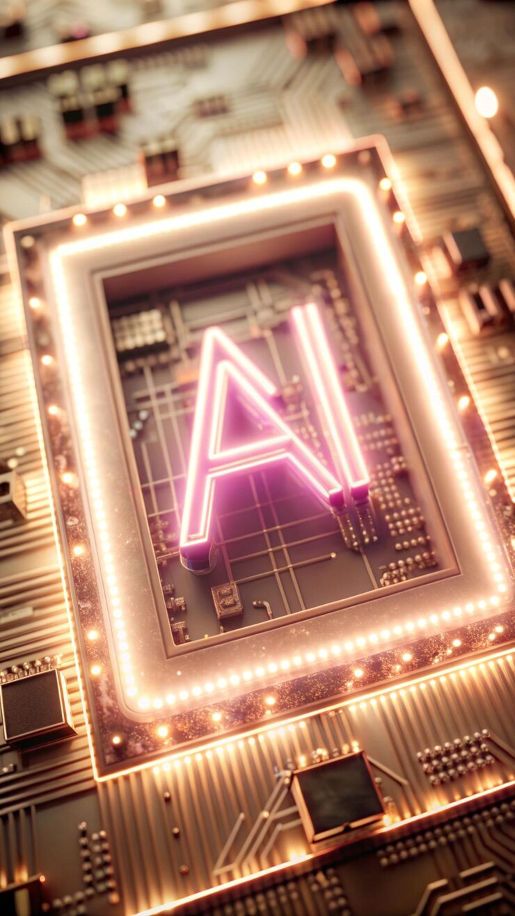 Foto junta de circuitos de ia de neón futurista con diseño tecnológico holográfico brillante