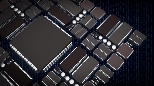 La junta de Ic y PCB para tecnología o concepto de renderización 3D