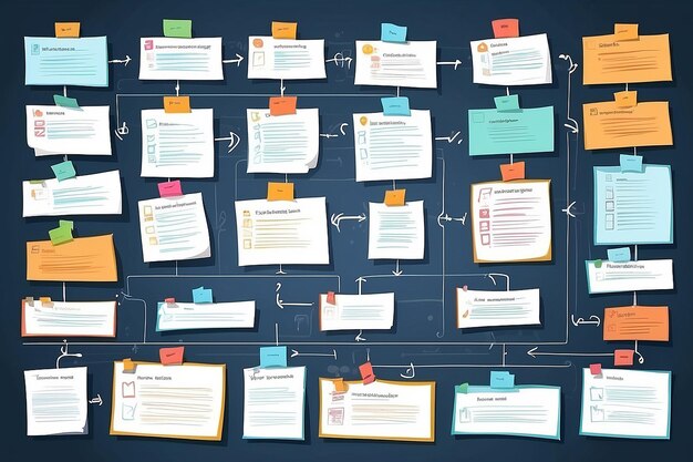 Junta de Scrum Lista de tareas planificación de tareas del equipo y diagrama de flujo del plan de colaboración