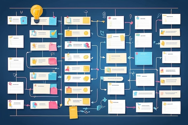 Foto junta de scrum lista de tareas planificación de tareas del equipo y diagrama de flujo del plan de colaboración