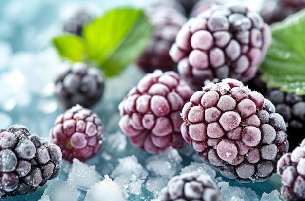 Foto juntas de bayas congeladas dispuestas sobre hielo