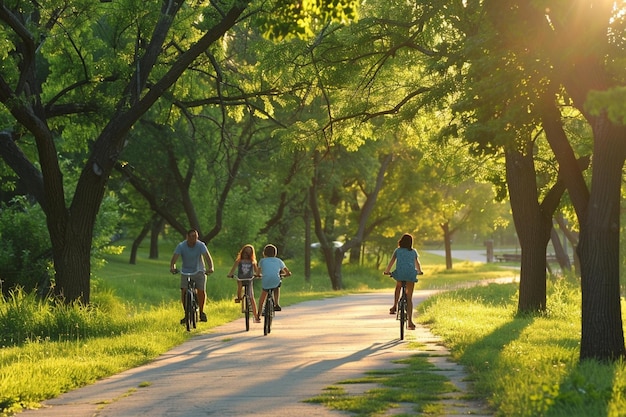 Foto junte-se à diversão como uma família pedalando ao longo de uma ai generativa arborizada