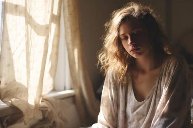 Junto a la ventana una mujer en un estado melancólico se sienta en la cama sus pensamientos perdidos en la extensión del mundo exterior un cuadro de profunda contemplación