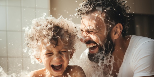 Juntos cara mañana infancia padre lindo baño sonriendo crema familia niños agua