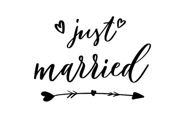 Foto just married handschrift-vektorillustration handgezeichneter schriftzug-kartenhintergrund