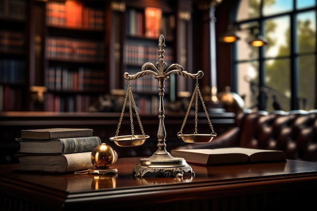 Justiça e livro jurídico em mesa de madeira serviços jurídicos aconselhamento conceito de justiça IA generativa