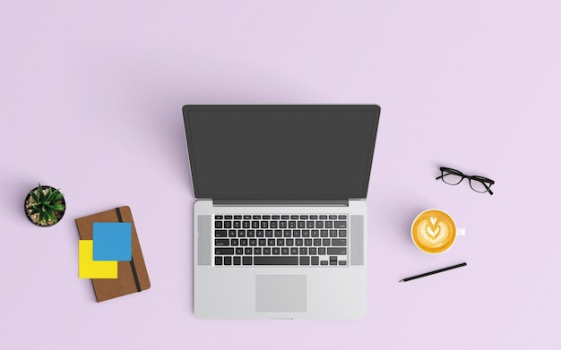 Justo por encima de la foto de la taza de café y la computadora portátil sobre un fondo púrpura