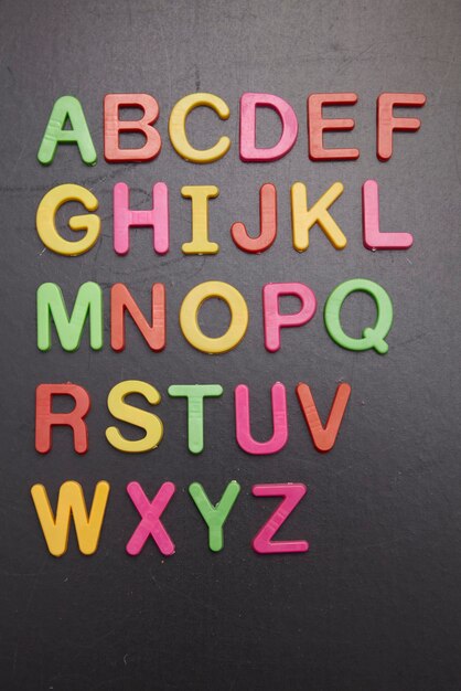 Foto justo por encima de la toma de los alfabetos de colores en la pizarra