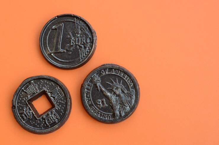 Foto justo por encima de la toma de monedas sobre un fondo naranja