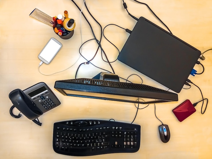 Foto justo por encima de la toma de las tecnologías en la mesa